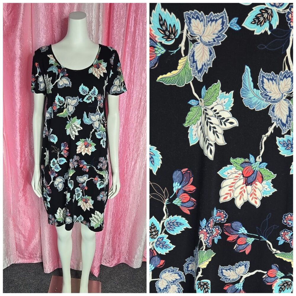 J. Jill Wearever Collection Black Floral Jersey Knit Dress Size Medium Petite
